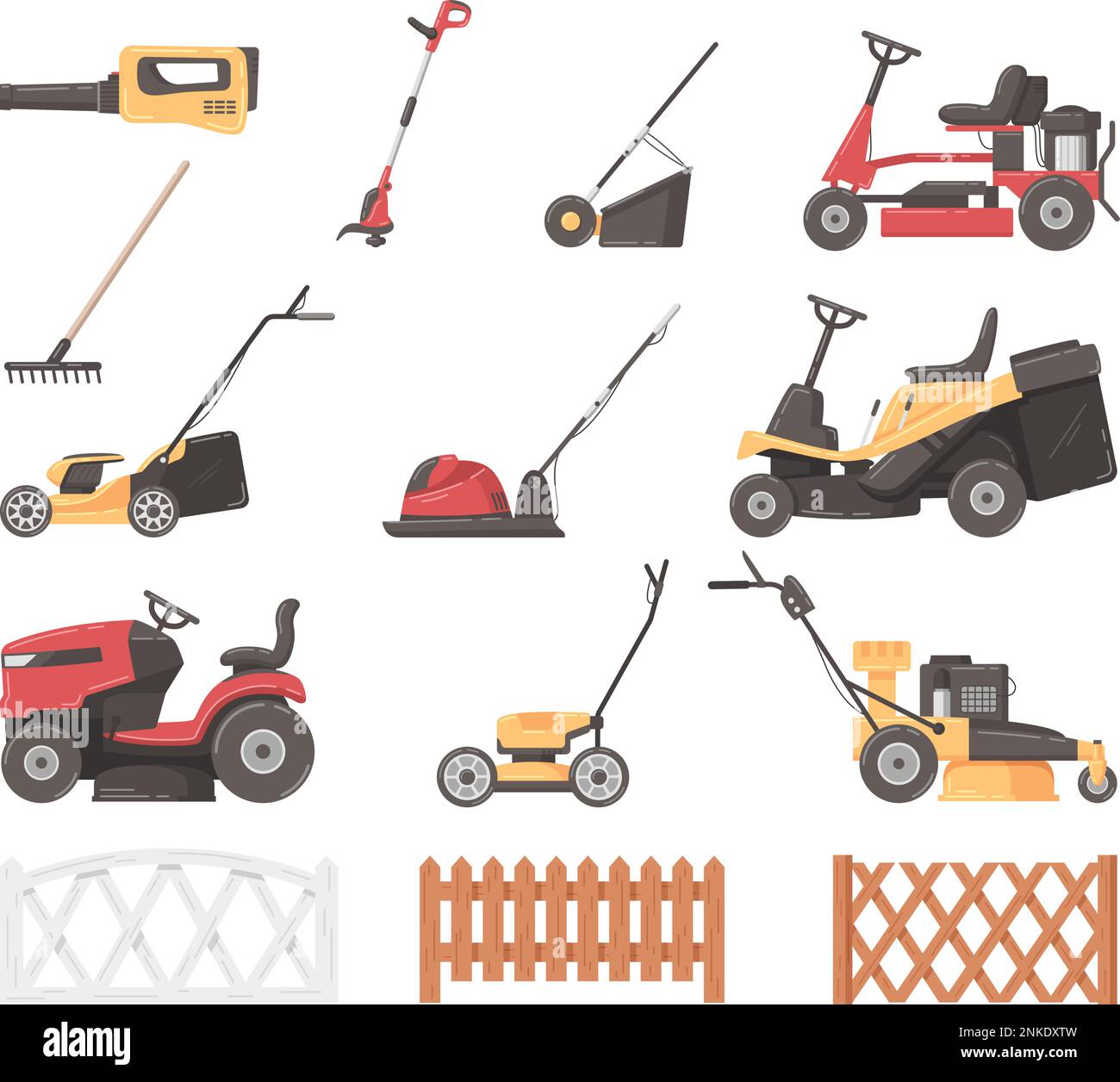 Lawn mower and grass cutters cartoon icons set isolated vector illustration Stock Vector