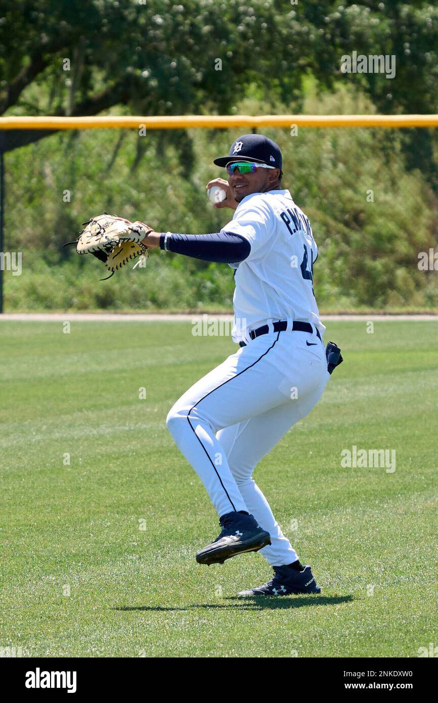 Detroit Tigers first baseman Pedro Martinez Jr (45) during warmups before a  MiLB Spring Training game against the Philadelphia Phillies on March 25,  2022 at Tiger Town in Lakeland, Florida. (Mike Janes/Four