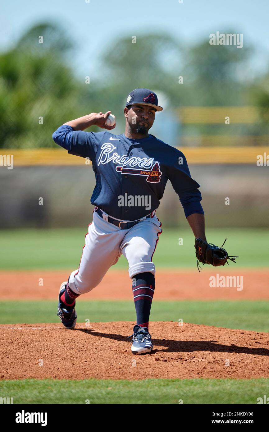 Atlanta Braves pitcher Luis Vargas (54) during a MiLB Spring Training game  against the Tampa Bay Rays on March 26, 2022 at Charlotte Sports Park in  Port Charlotte, Florida. (Mike Janes/Four Seam