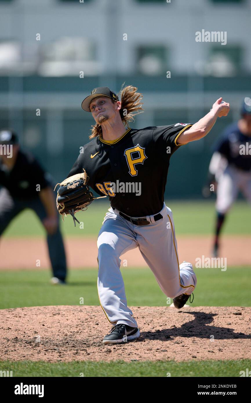 Pittsburgh Pirates pitcher Mitchell Miller (85) during a MiLB Spring  Training game against the Atlanta Braves on March 28, 2022 at Pirate City  in Bradenton, Florida. (Mike Janes/Four Seam Images via AP
