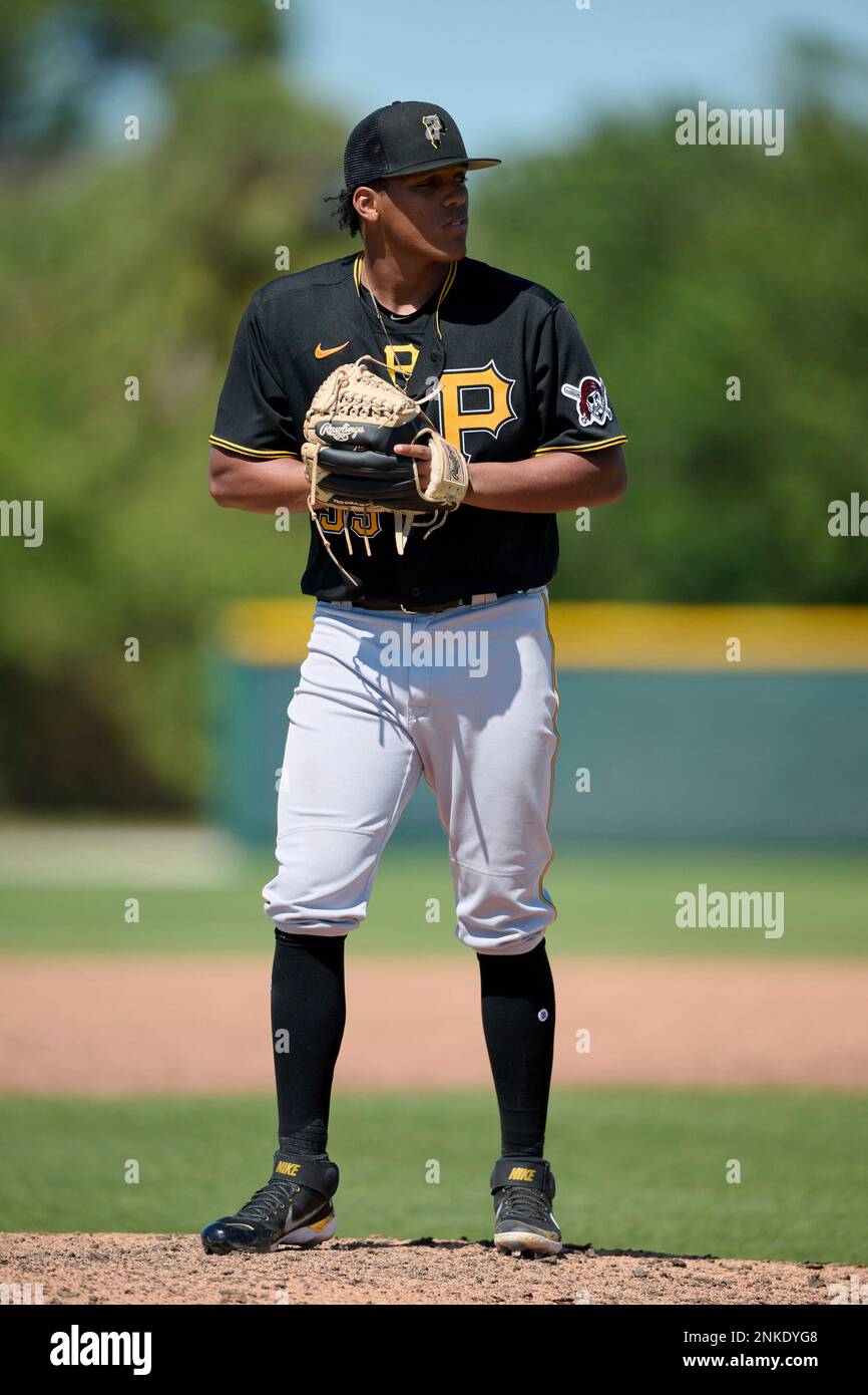 Pittsburgh Pirates pitcher Carlos Jimenez (59) during a MiLB Spring  Training game against the Atlanta Braves on March 28, 2022 at Pirate City  in Bradenton, Florida. (Mike Janes/Four Seam Images via AP