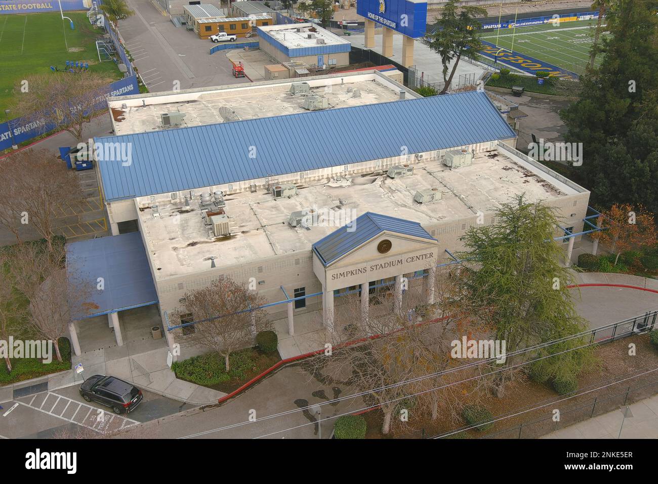 A general overall aerial view of the Simpkins Stadium Center building at CEFCU Stadium, Tuesday, Dec. 19, 2022, in San Jose, Calif. The building houses the San Jose State Spartans Football team coaches offices, locker room and South Campus athletic training treatment facility. Stock Photo