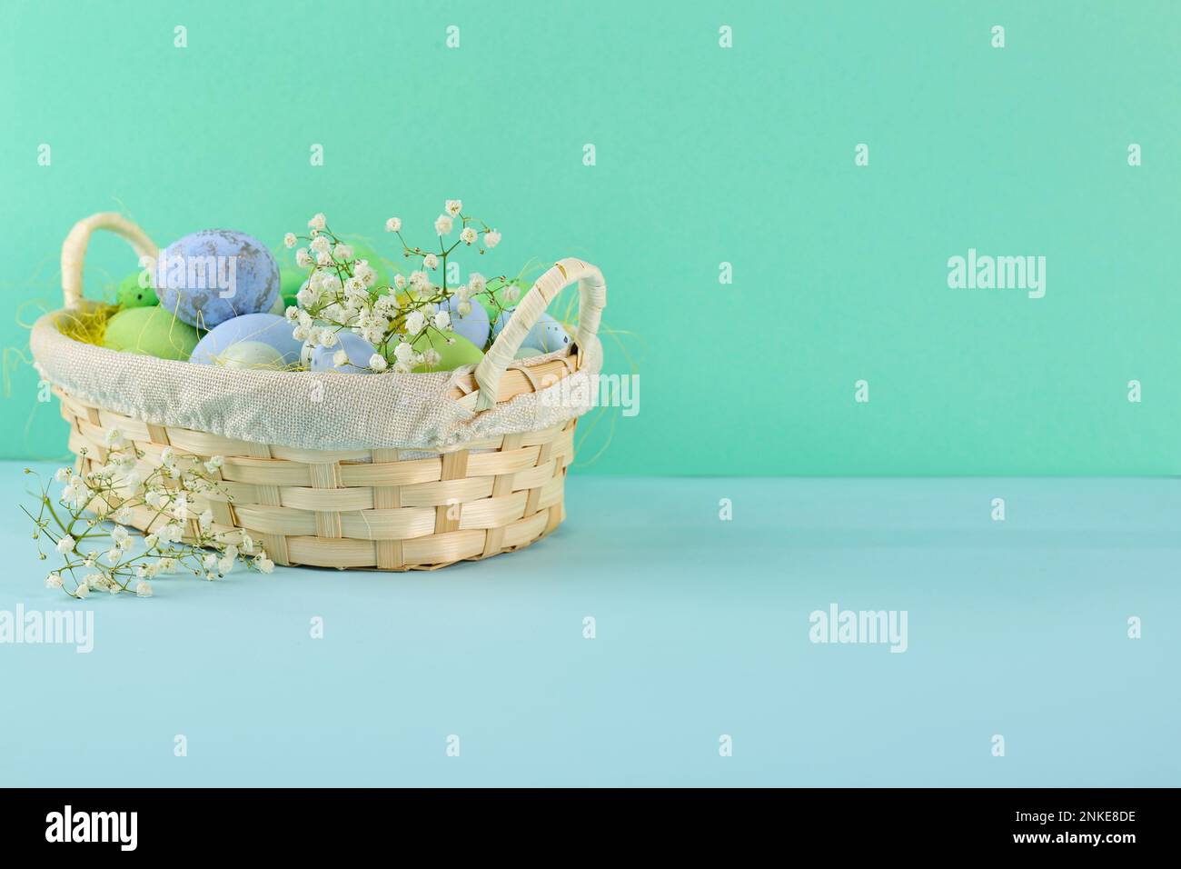 Basket with beautiful Easter eggs and gypsophila flowers on color ...