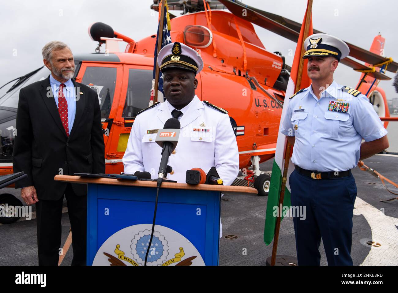 (Left to right) U.S. Ambassador Richard Bell, Côte d’Ivoire Navy Captain Guie Mouegnan Ghislain and U.S. Coast Guard Cmdr. Andrew Pate speak to the media aboard USCGC Mohawk (WMEC 913) in Abidjan, Côte d’Ivoire, Aug. 13, 2022. Mohawk is on a scheduled deployment in the U.S. Naval Forces Africa area of operations, employed by U.S. Sixth Fleet to defend U.S., allied, and partner interests. Stock Photo