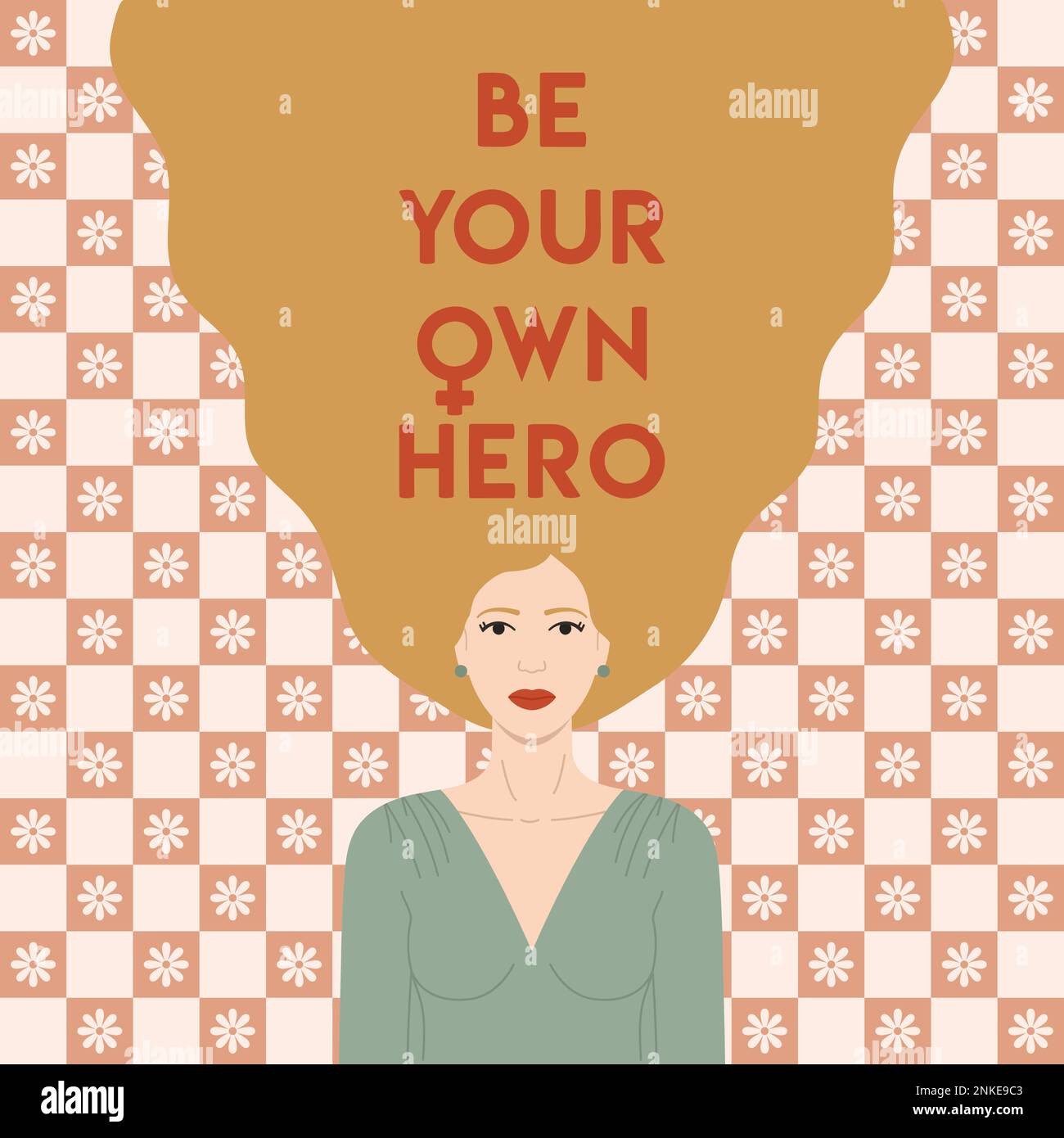 Be your own hero lettering on gold hair caucasian woman in retro groovy style. Woman rights and empowerment, equality, feminism, sisterhood. Internati Stock Vector