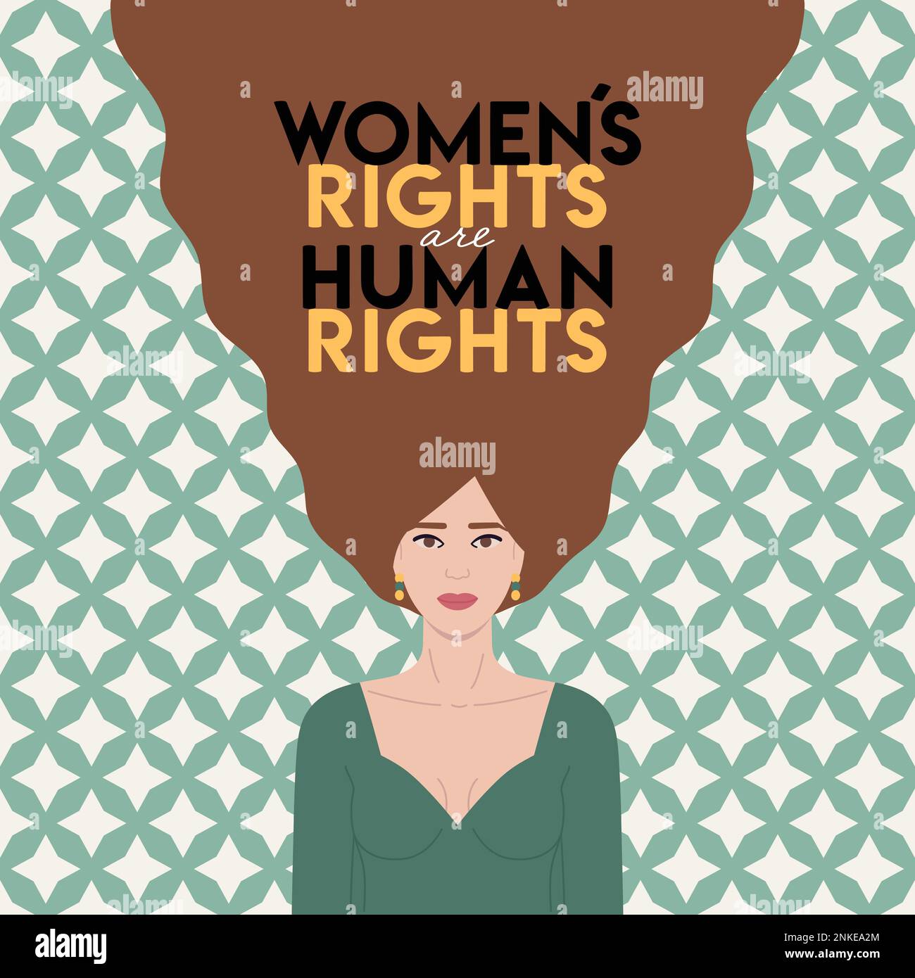 Women s rights are human rights lettering on brown hair caucasian woman in retro groovy style. Woman empowerment, equality, feminism. International Wo Stock Vector