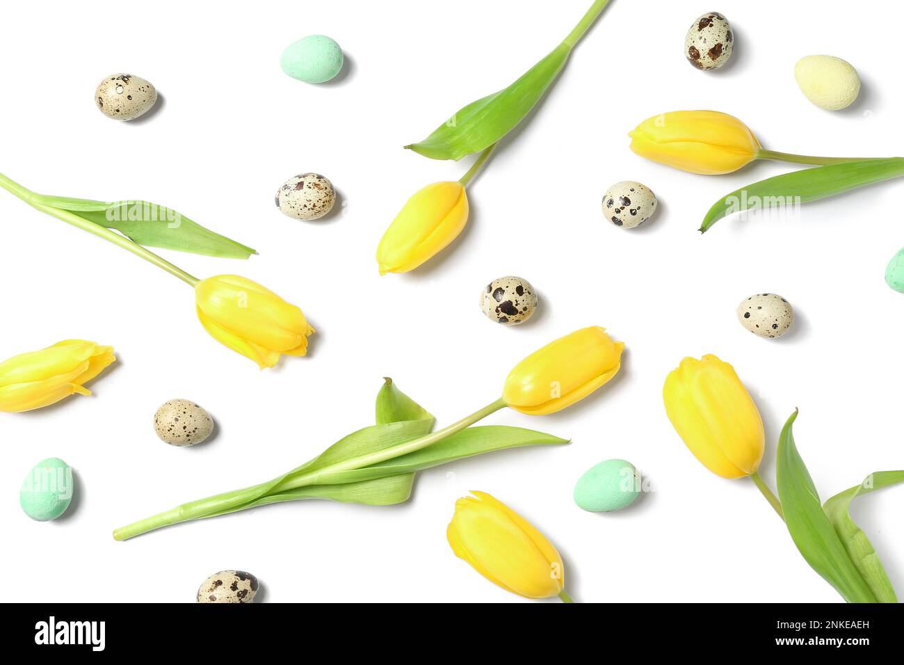 Composition with Easter eggs and tulip flowers isolated on white ...