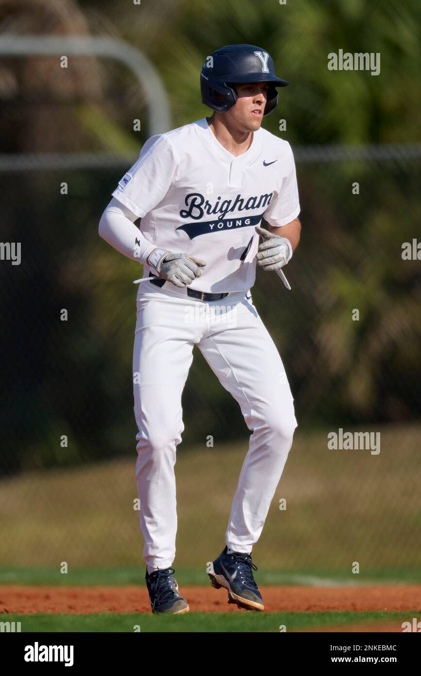 BYU Cougars second baseman Andrew Pintar (4) leading off during an NCAA  baseball game against the Marshall Thundering Herd on February 19, 2022 at  Centennial Park in Port Charlotte, Florida. (Mike Janes/Four