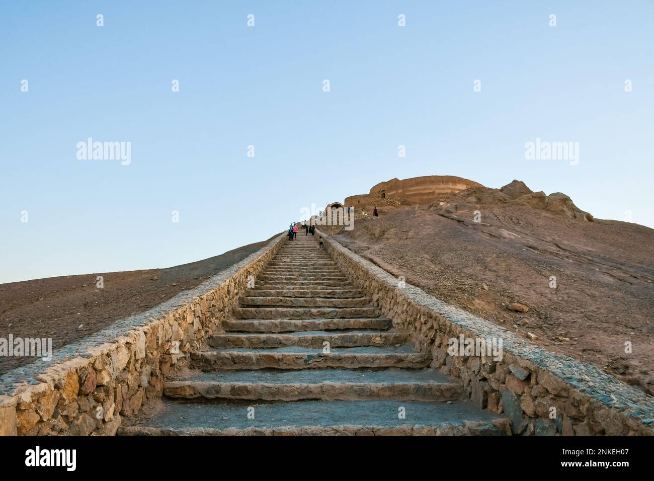 Staircase to fire temple on hilltop built by zoroastrians - old ancient civilization Stock Photo