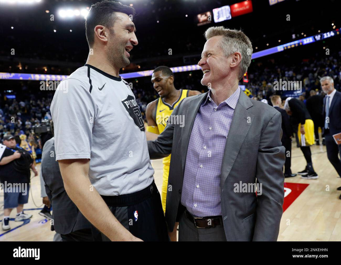 Golden State Warriors' head coach Steve Kerr greets Detroit Pistons