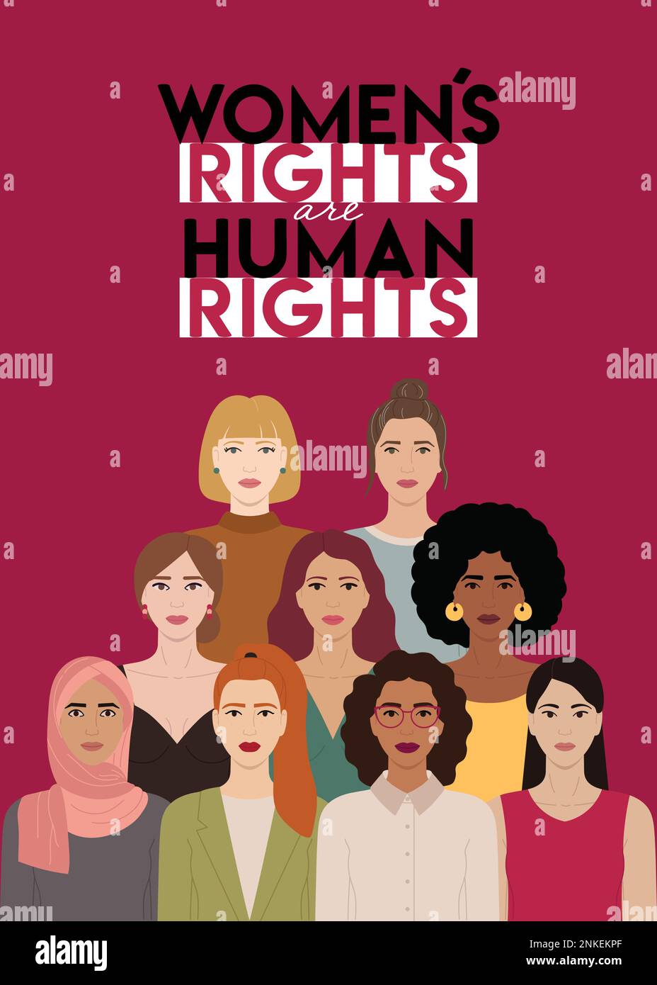 Women s rights are human rights card with group of diverse female