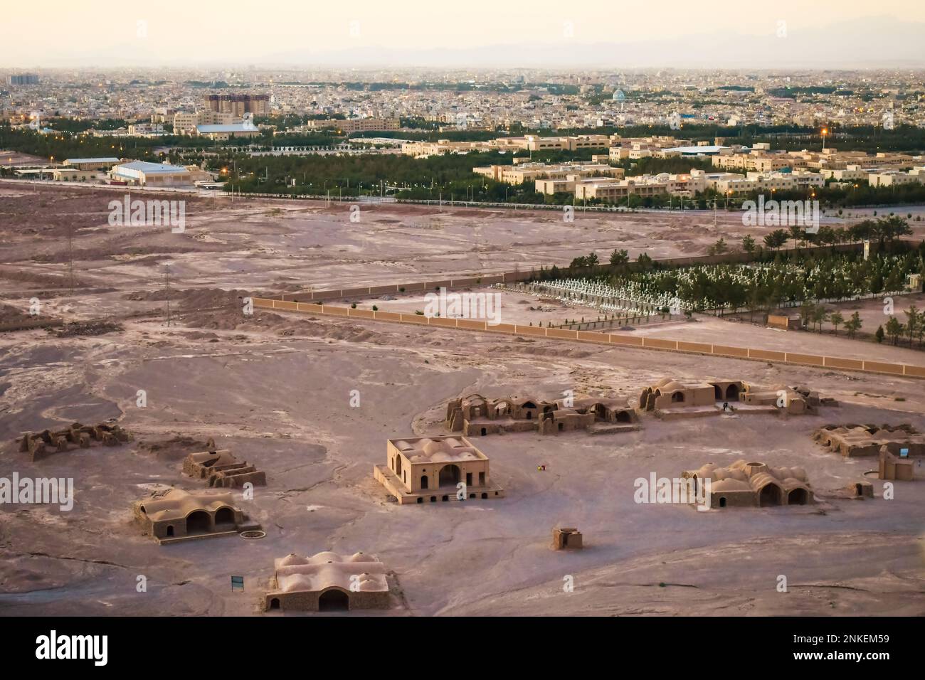 Yazd, Iran - May 2022: Ruins of Zoroastrians Dakhmeh Towers of Silence in Yazd city Stock Photo