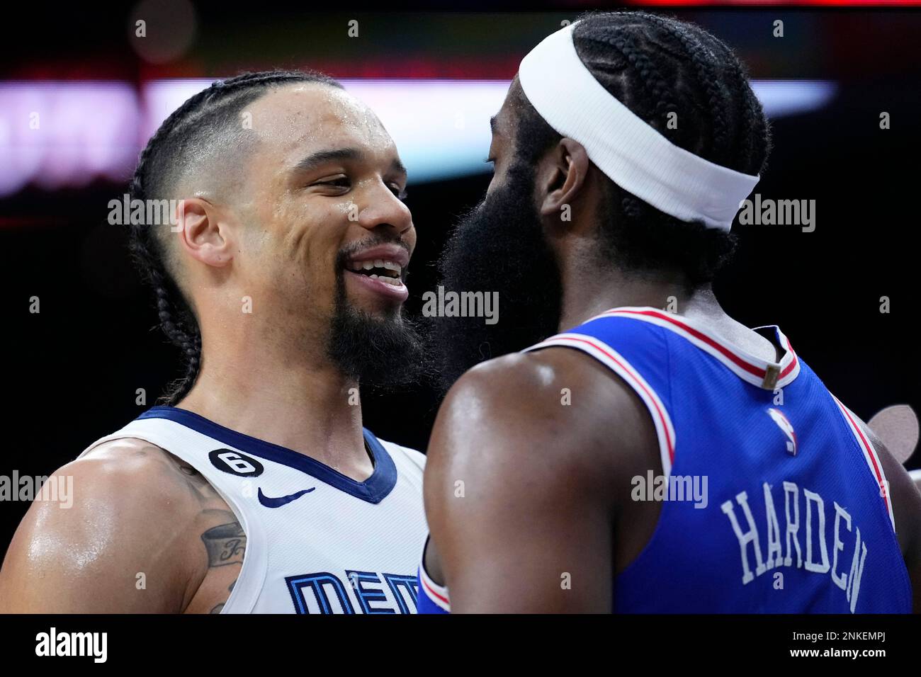 Memphis Grizzlies' Dillon Brooks, left, and Philadelphia 76ers' James