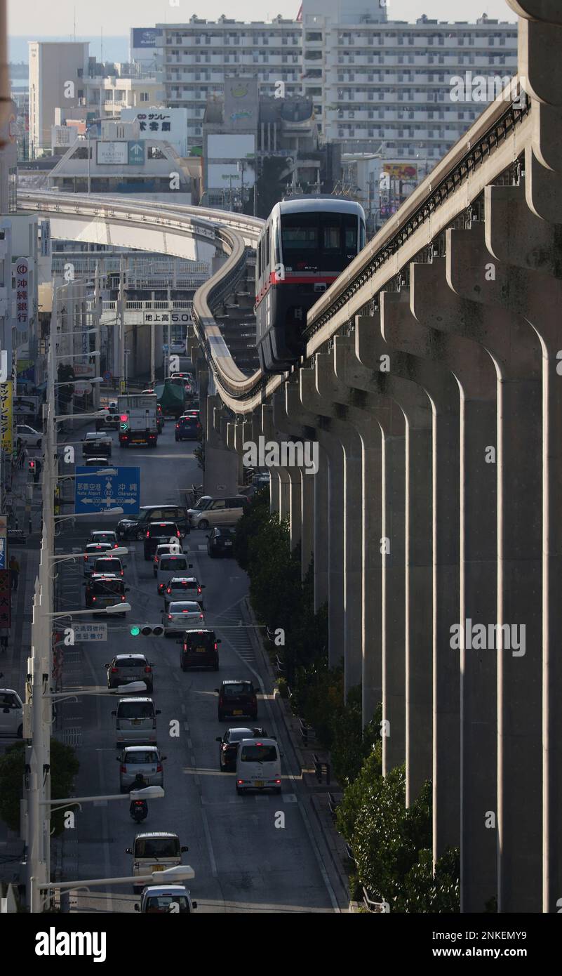 A photo shows the Okinawa Urban Monorail (Yui Rail) in Naha City