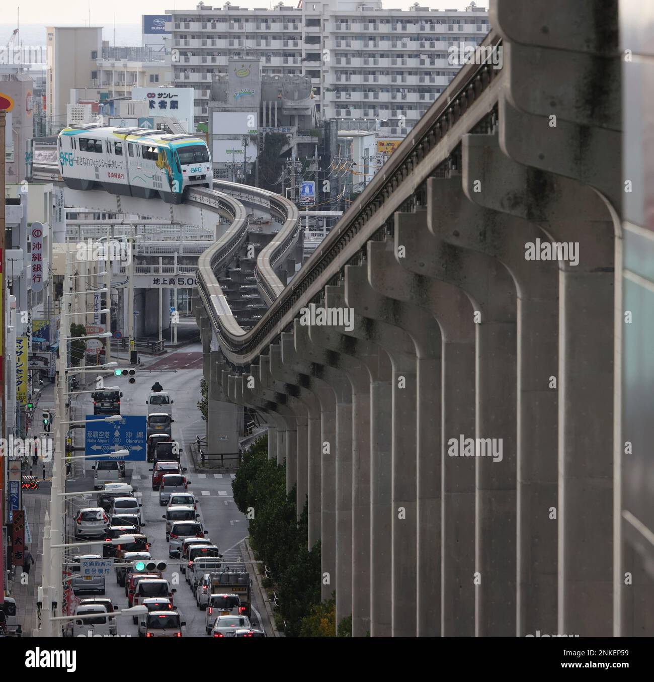 A photo shows the Okinawa Urban Monorail (Yui Rail) in Naha City
