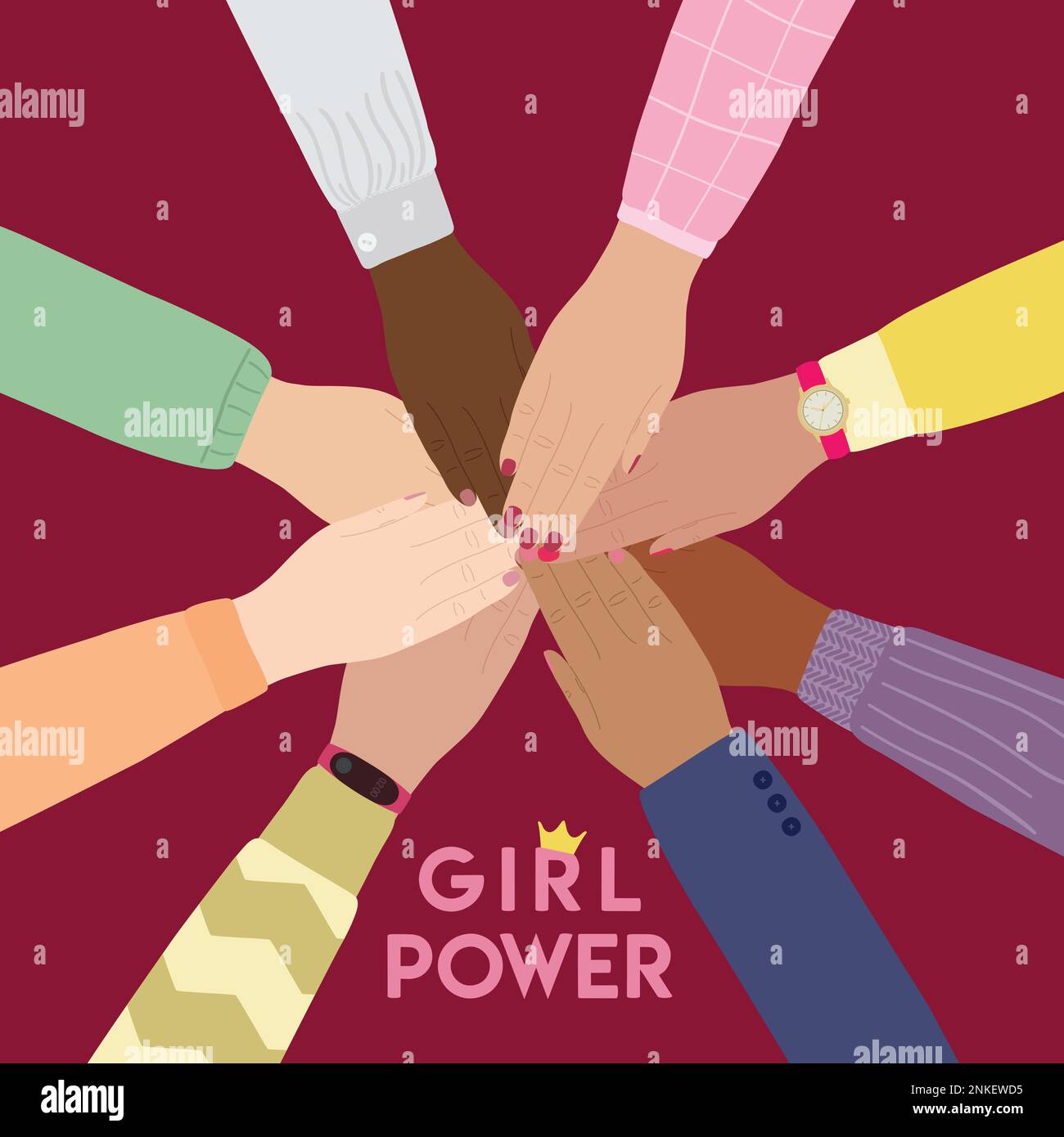 Girl power poster. Female hands stacking together. Woman empowerment, girl power, fight for gender equality, feminism and sisterhood concept. Hand dra Stock Vector