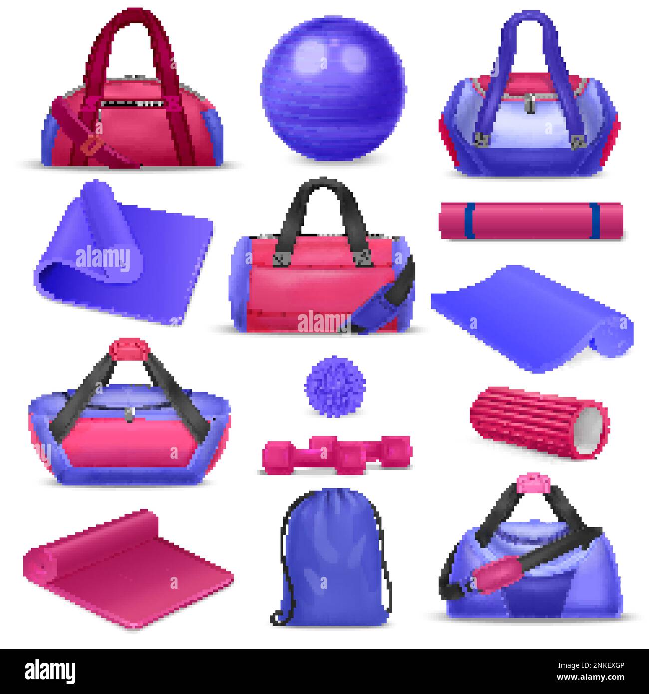 Realistic pink and blue set of gym bags fitness tools with mats roller