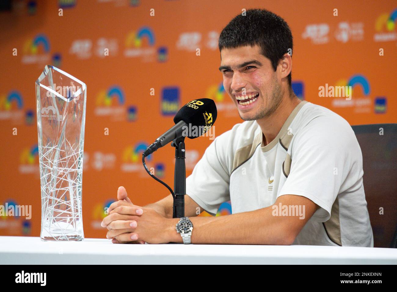 Carlos Alcaraz Garfia of Spain speaks to the media during a press conference during the Miami