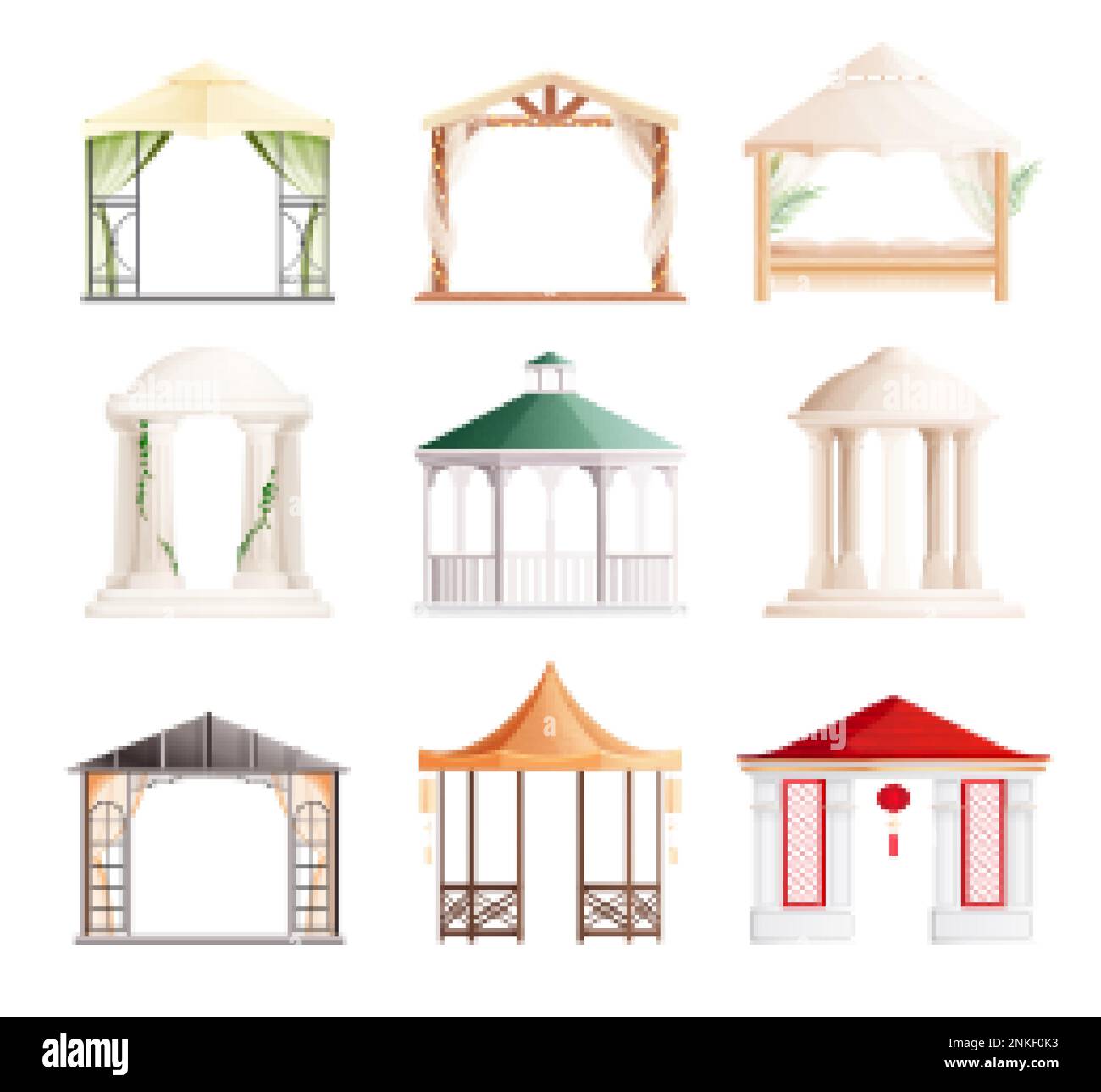 Gazebo in various styles for gardens or parks flat set isolated vector