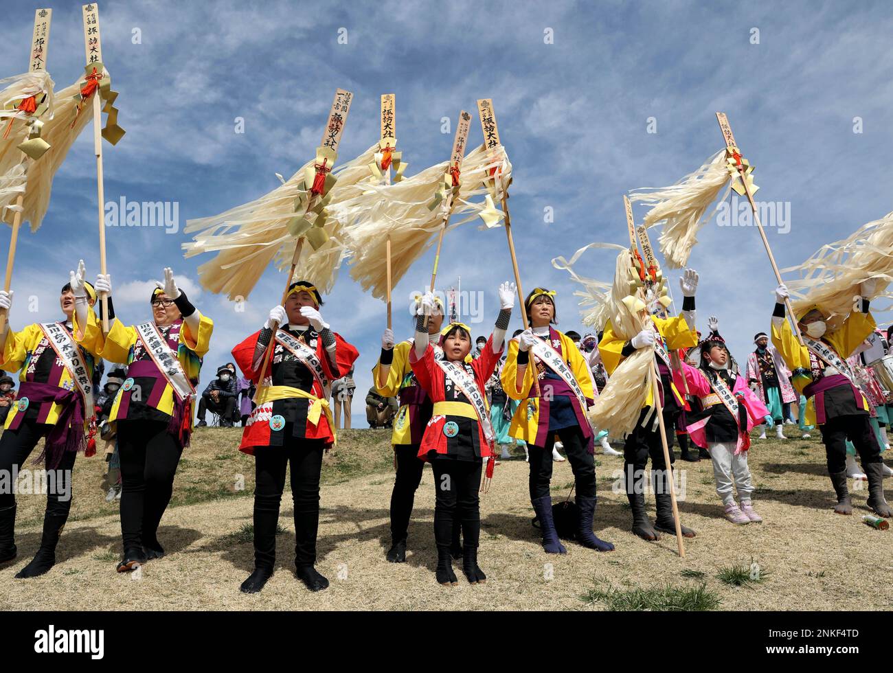 Villagers perform a Shinto ritual to purifiy huge trees for the ...