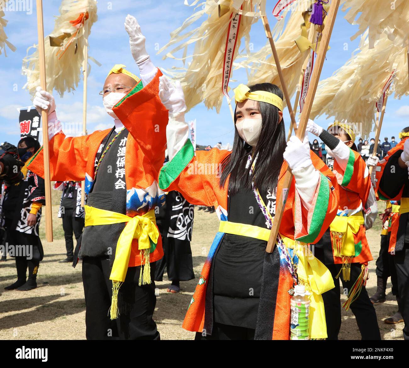 Villagers perform a Shinto ritual to purifiy huge trees for the ...
