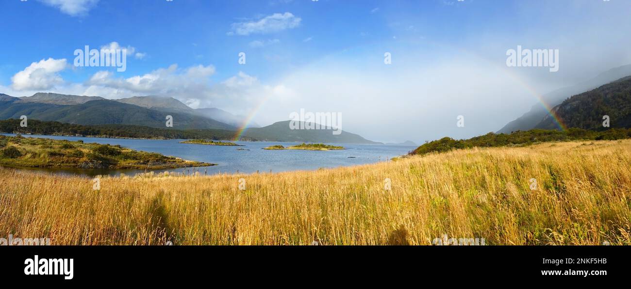 Rainbow over Beaggle Channel, Tierra Del Fuego or Land of Fire National Park Scenic Landscape, Ushuaia Argentina at the End of The World Stock Photo