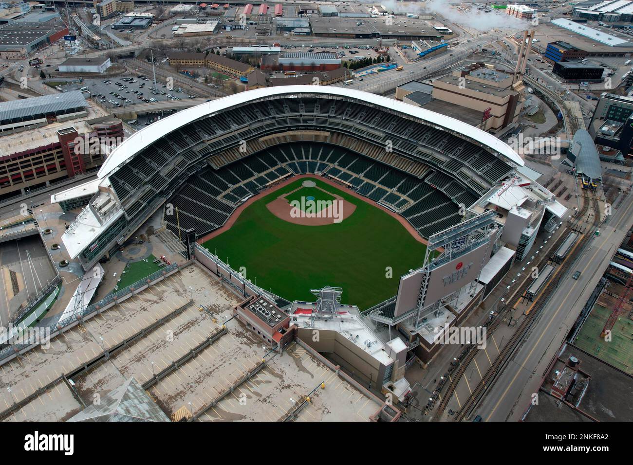 An aerial view of Target Field, Thursday, Mar. 31, 2022, in Minneapolis ...