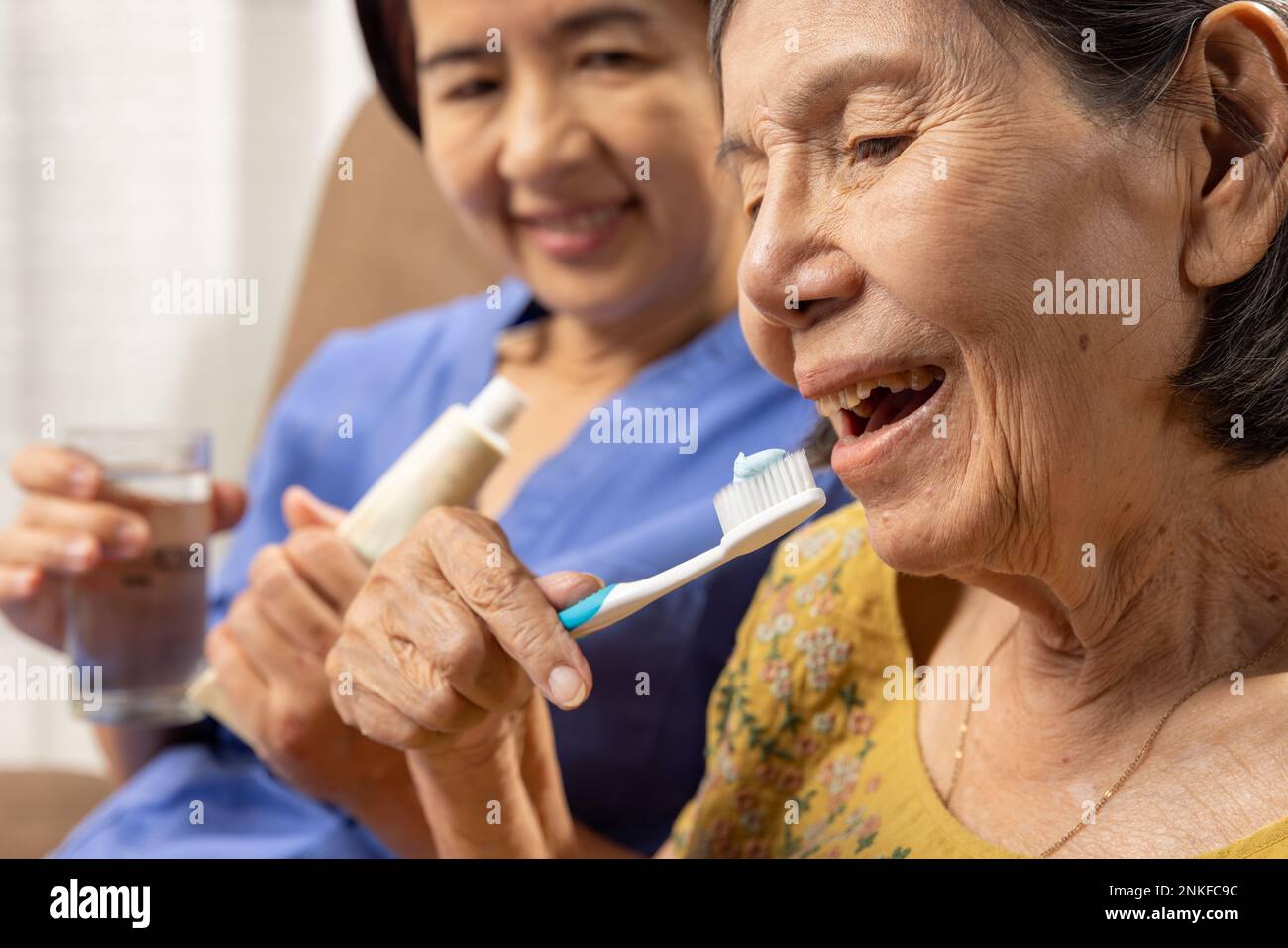 Caregiver take care asian elderly woman while brush teeth. Stock Photo