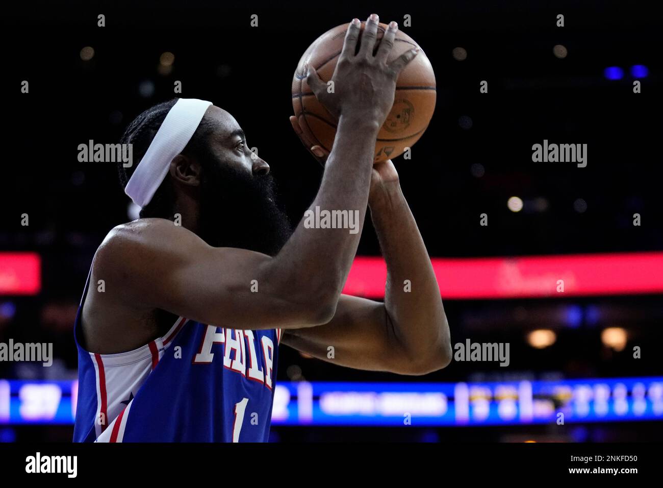 Philadelphia 76ers' James Harden goes up for a shot during the first