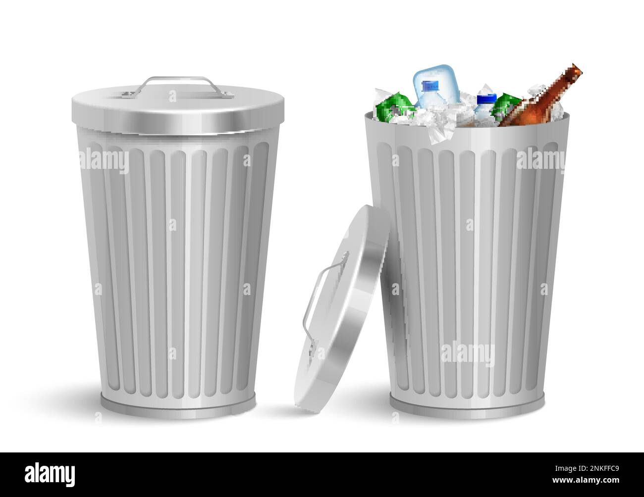 Realistic iron bin with garbage composition of two isolated views of
