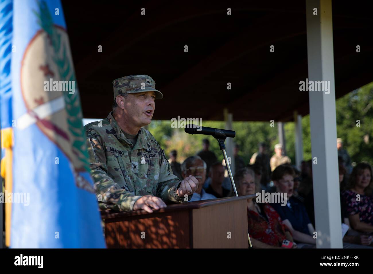 Brig. Gen. Thomas Mancino, adjutant general for Oklahoma, speaks at the change of command ceremony for the 45th Infantry Brigade Combat Team, Oklahoma National Guard, Camp Gruber Training Center, Oklahoma, Aug. 14, 2022. Col. Colby Wyatt served as the commander of the 45th IBCT for three years and relinquished command to Col. Andrew Ballenger. (Oklahoma Army National Guard photo by Spc. Danielle Rayon) Stock Photo