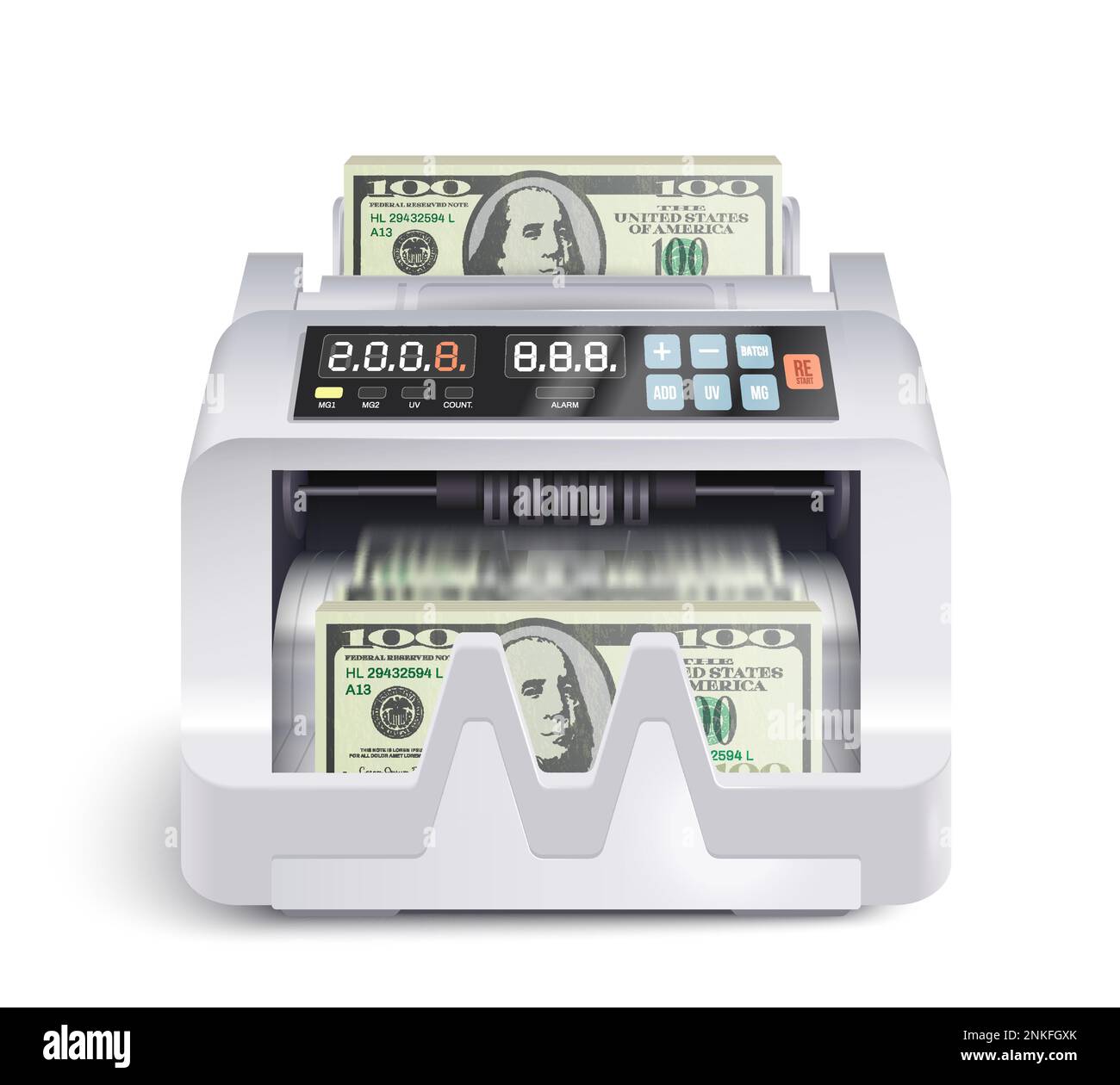 Realistic money counting machine composition with isolated front view
