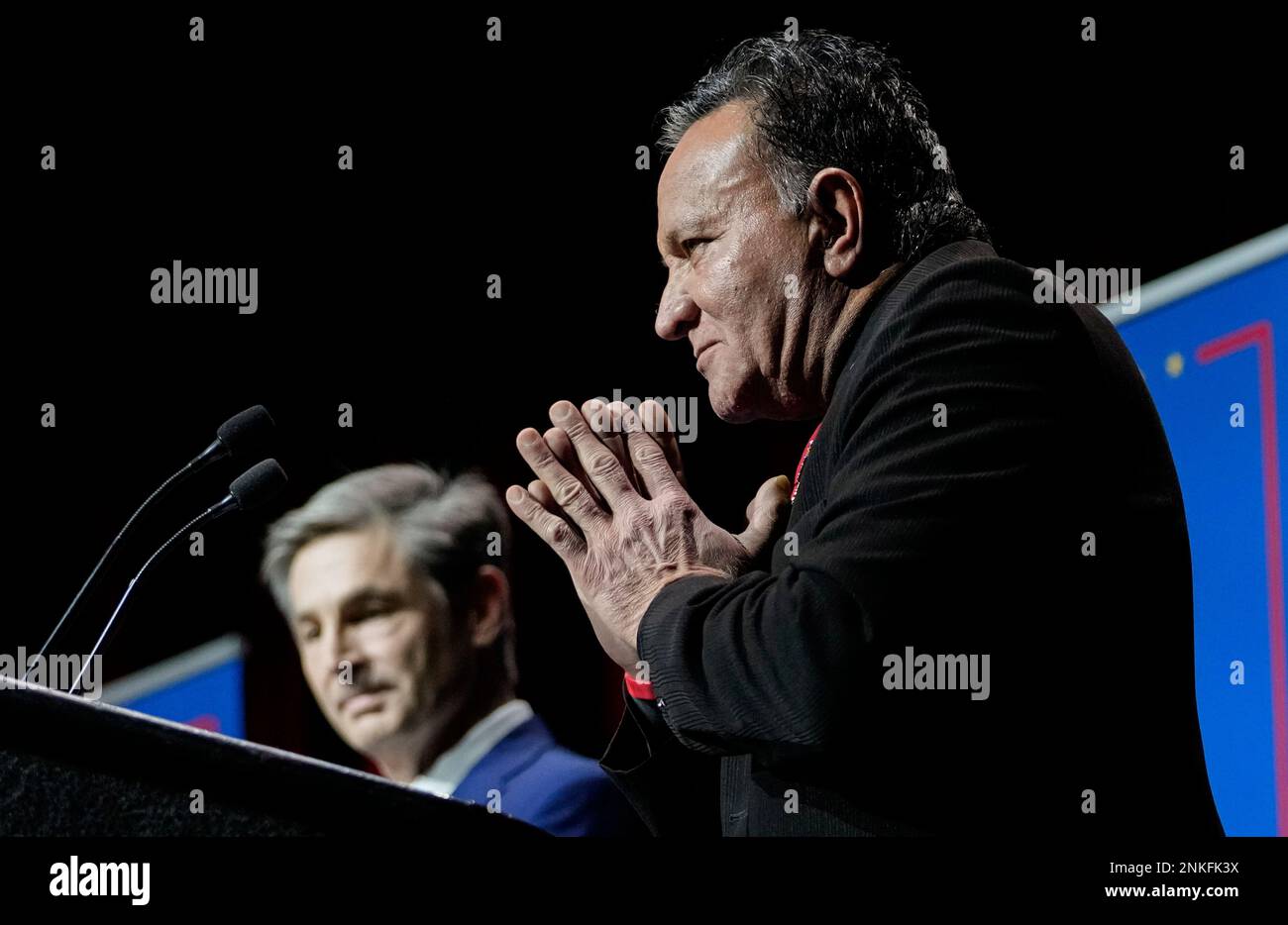 U.S. Senate Republican candidate Neil Patel answers a question during