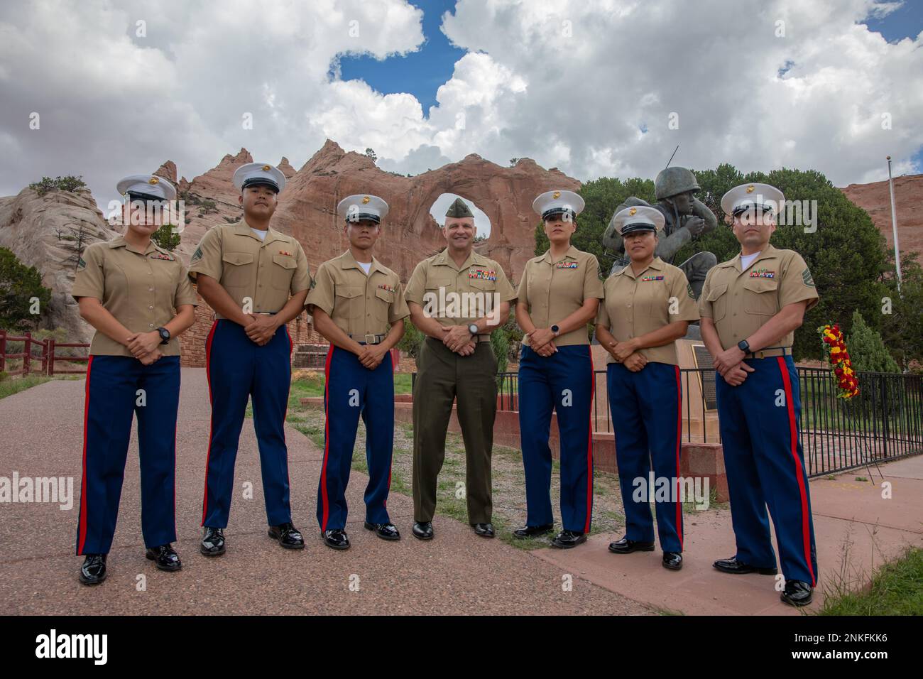 Lt. Gen. David G. Bellon, Commander of Marine Forces Reserve and Marine Forces South, poses for a photo with six Navajo Nation Marines at Window Rock, Ariz., N.M., Aug. 14, 2022. The Marines met to discuss their participation in a ceremony for the National Navajo Code Talkers Day, which has been observed every Aug. 14 since 1982. The Marines had never met each other before, but quickly found common ground through their shared military service and Navajo heritage. Stock Photo