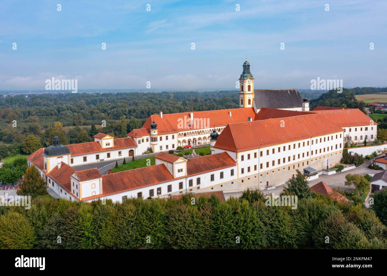Austria, Upper Austria, Reichersberg, Drone view of Augustiner-Chorherrenstift Reichersberg monastery Stock Photo