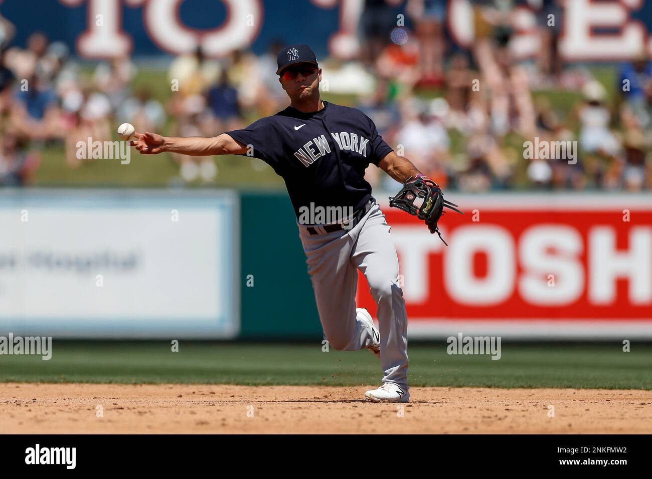 LAKELAND, FL - MARCH 28: New York Yankees shortstop Isiah Kiner-Falefa (12)  throws the ball during a Spring Training Baseball game between the Detroit  Tigers and New York Yankees on March 28