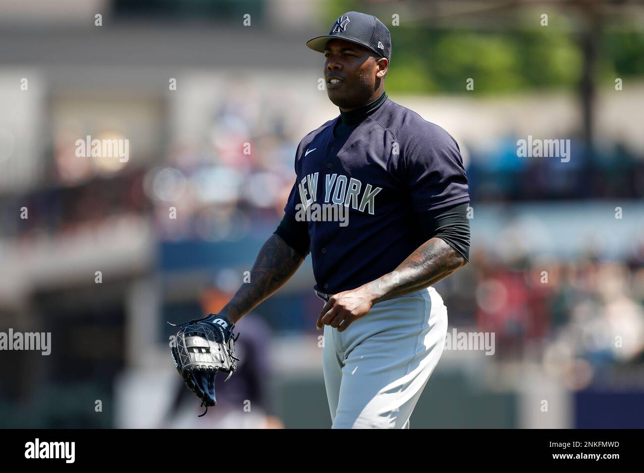LAKELAND, FL - MARCH 28: New York Yankees shortstop Isiah Kiner-Falefa (12)  throws the ball during a Spring Training Baseball game between the Detroit  Tigers and New York Yankees on March 28