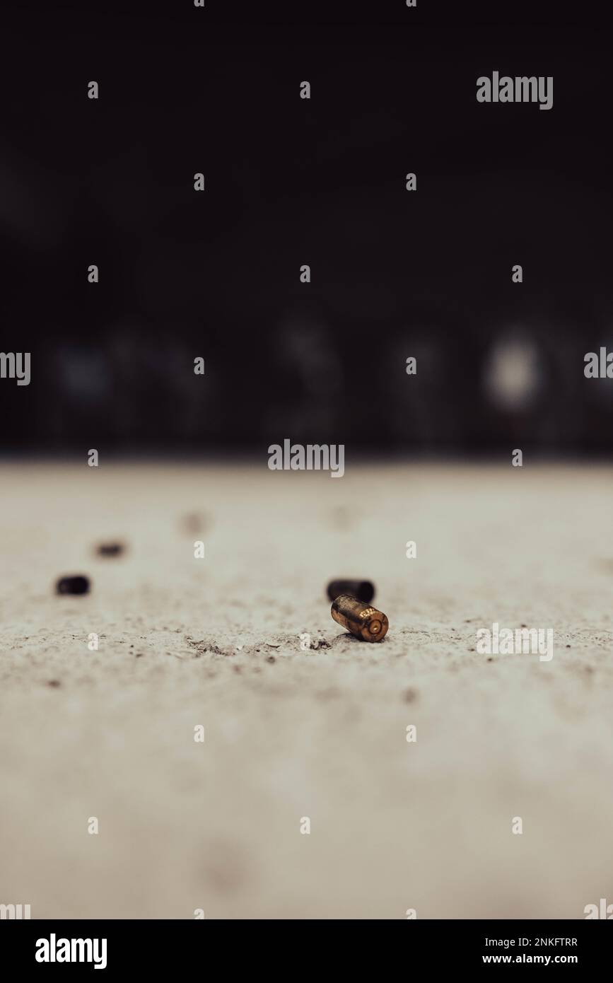 Spent brass casings of 9mm rounds lay on the ground after a livefire