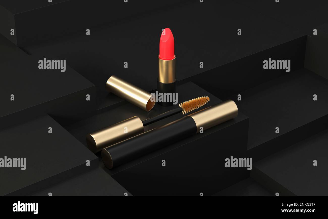 Three dimensional render of red lipstick and mascara Stock Photo