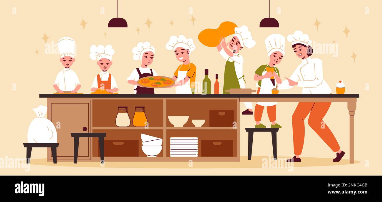 Culinary classes horizontal poster with group of funny kids cooking at long table under guidance of female chef vector illustration Stock Vector