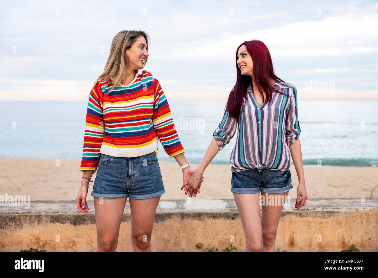 Happy friends holding hands in front of sea at promenade Stock Photo ...