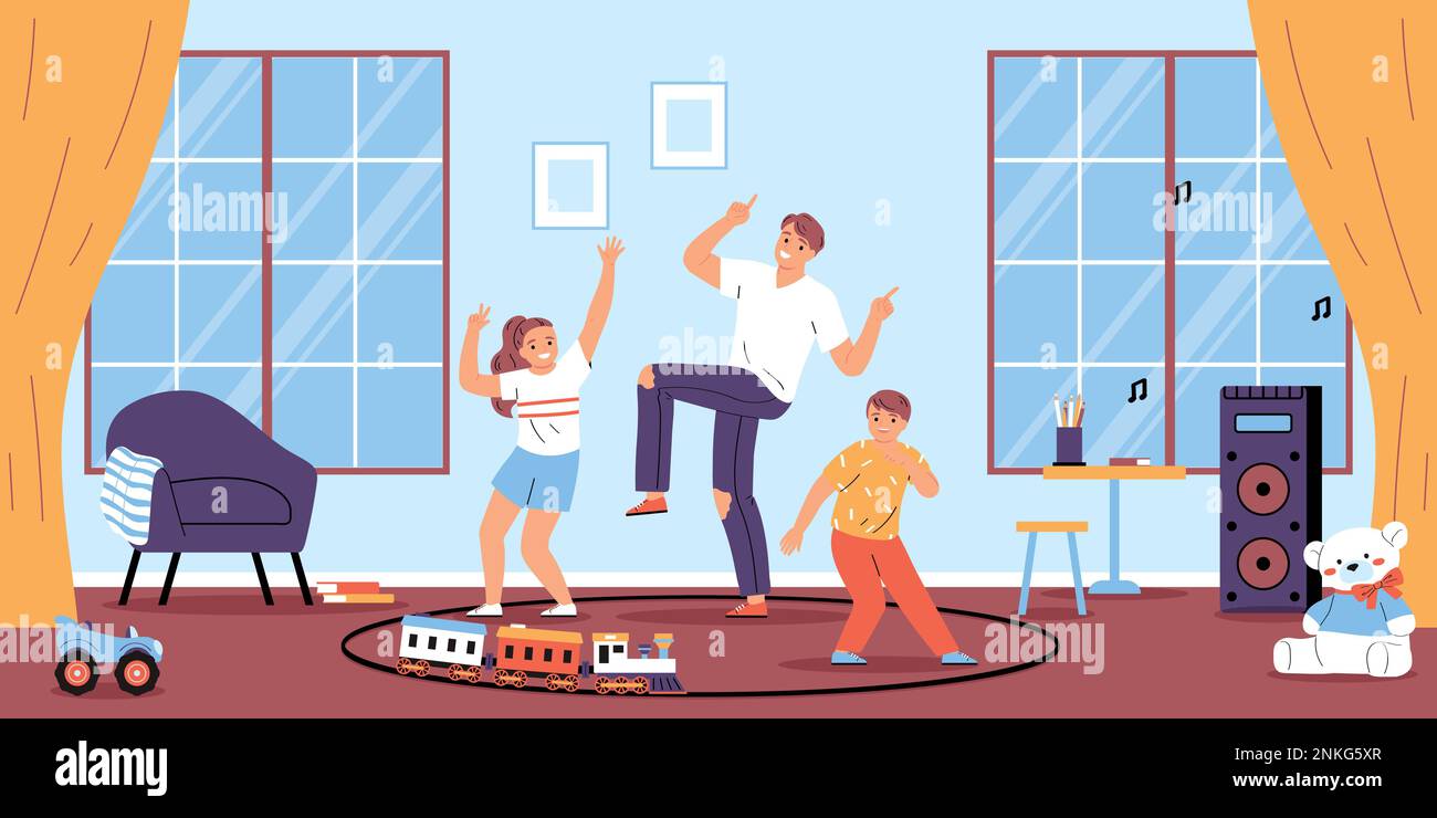Happy dad having fun with his kids dancing in children room with ...