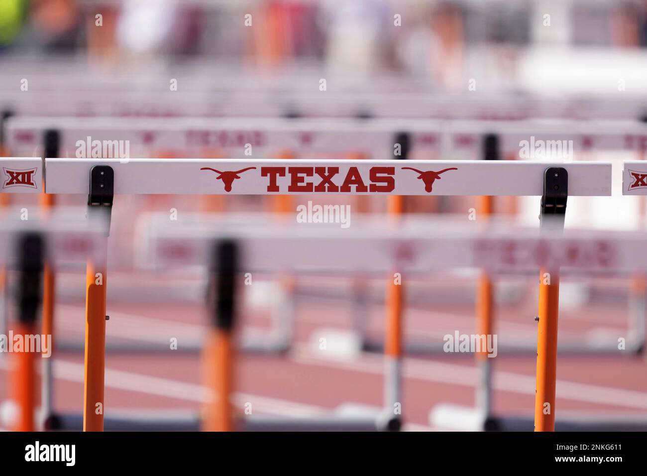 The Texas Longhorns logo on a hurdle during the 94th Clyde Littlefield