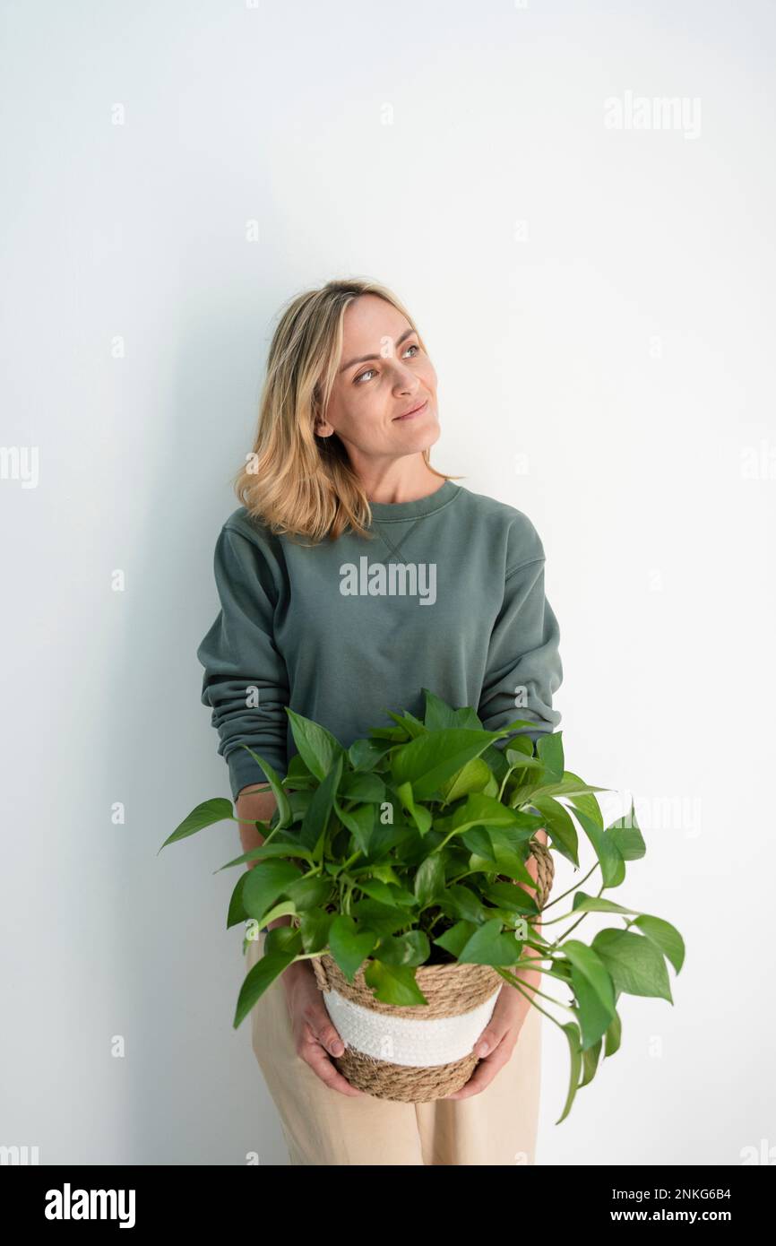 Thoughtful woman holding potted plant in front of wall Stock Photo - Alamy