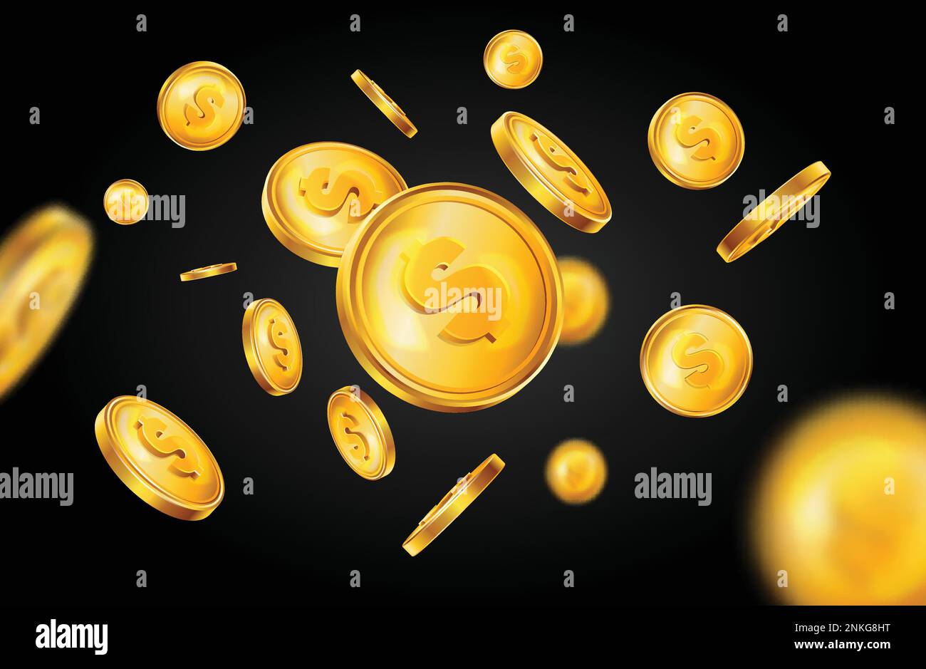 Realistic golden coins composition of black background and flying dollar cents colored in gold