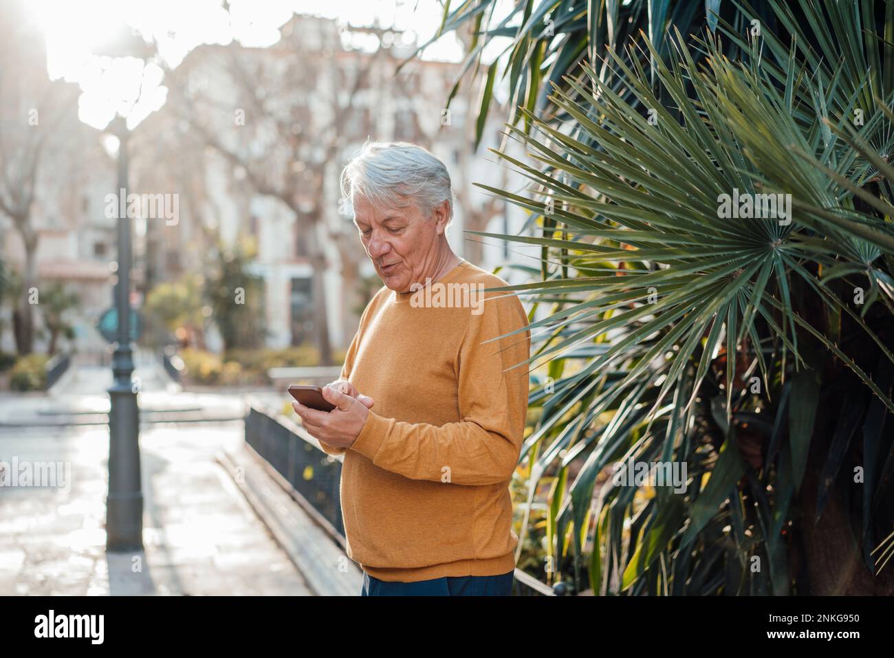 Senior man using smart phone standing at footpath Stock Photo