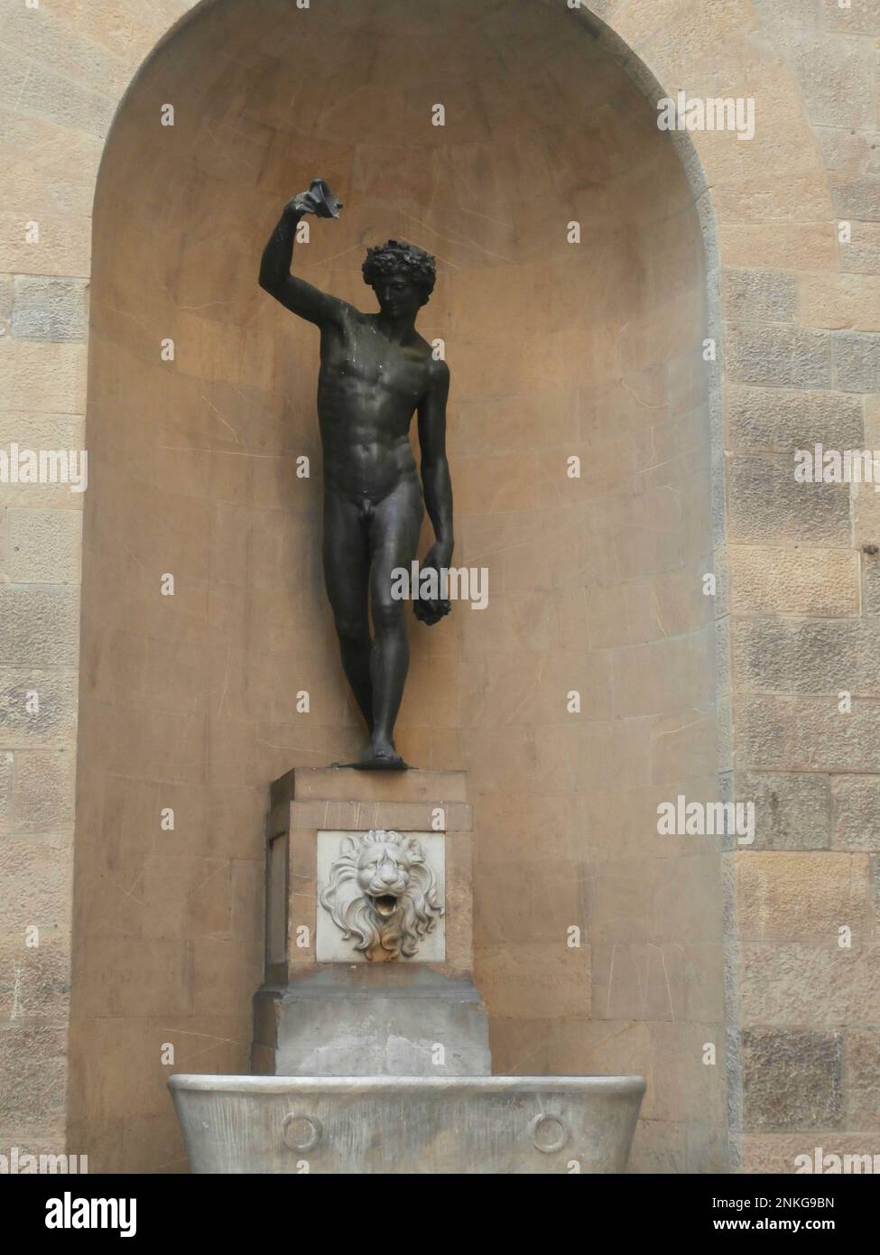'Fontana del bacchino', Replica of Bacco by Giambologna at Oltrarno, Street Borgo San Jacopo near Ponte Vecchio Stock Photo