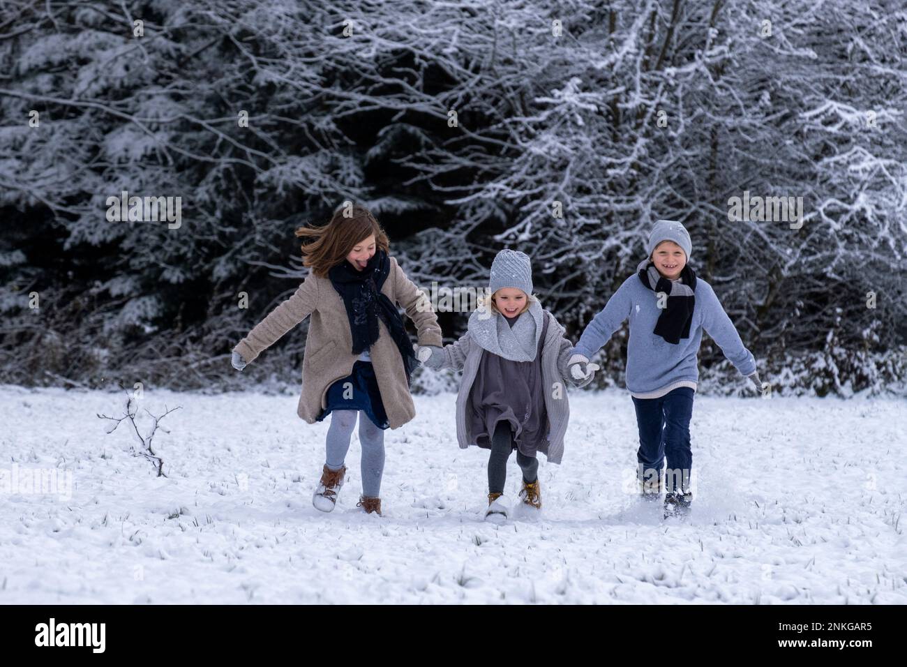 Cheerful brother and sisters holding hands and running on snow Stock ...