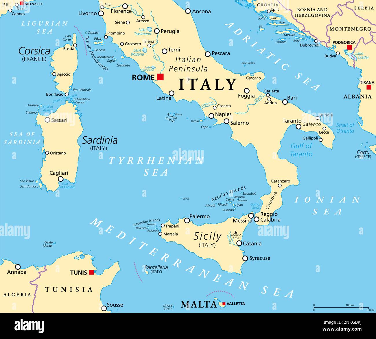 Southern Italy, known as Meridione or Mezzogiorno, political map. Macroregion of Italy consisting of its southern regions. Stock Photo