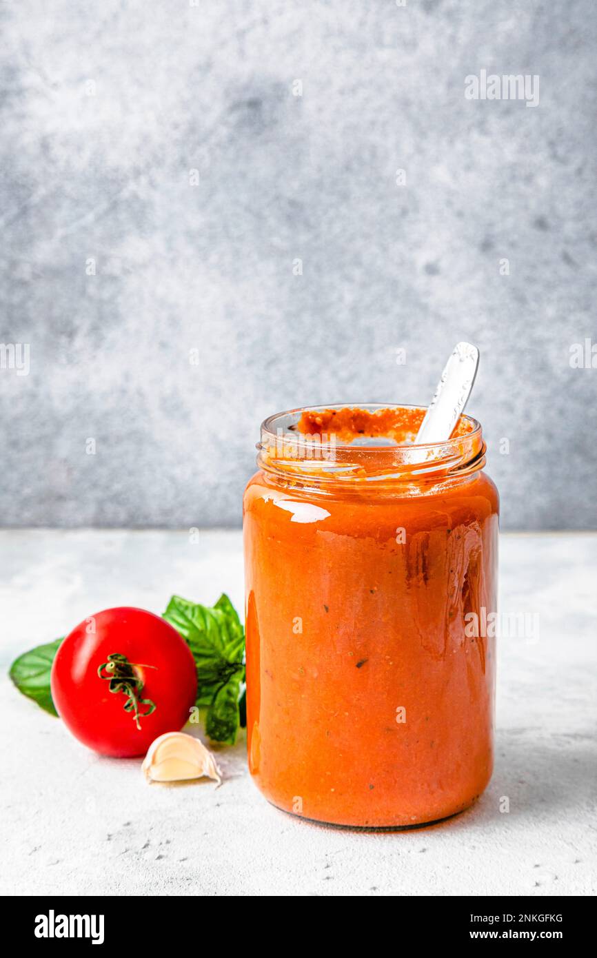 Homemade tomato sauce jar kept on table Stock Photo Alamy